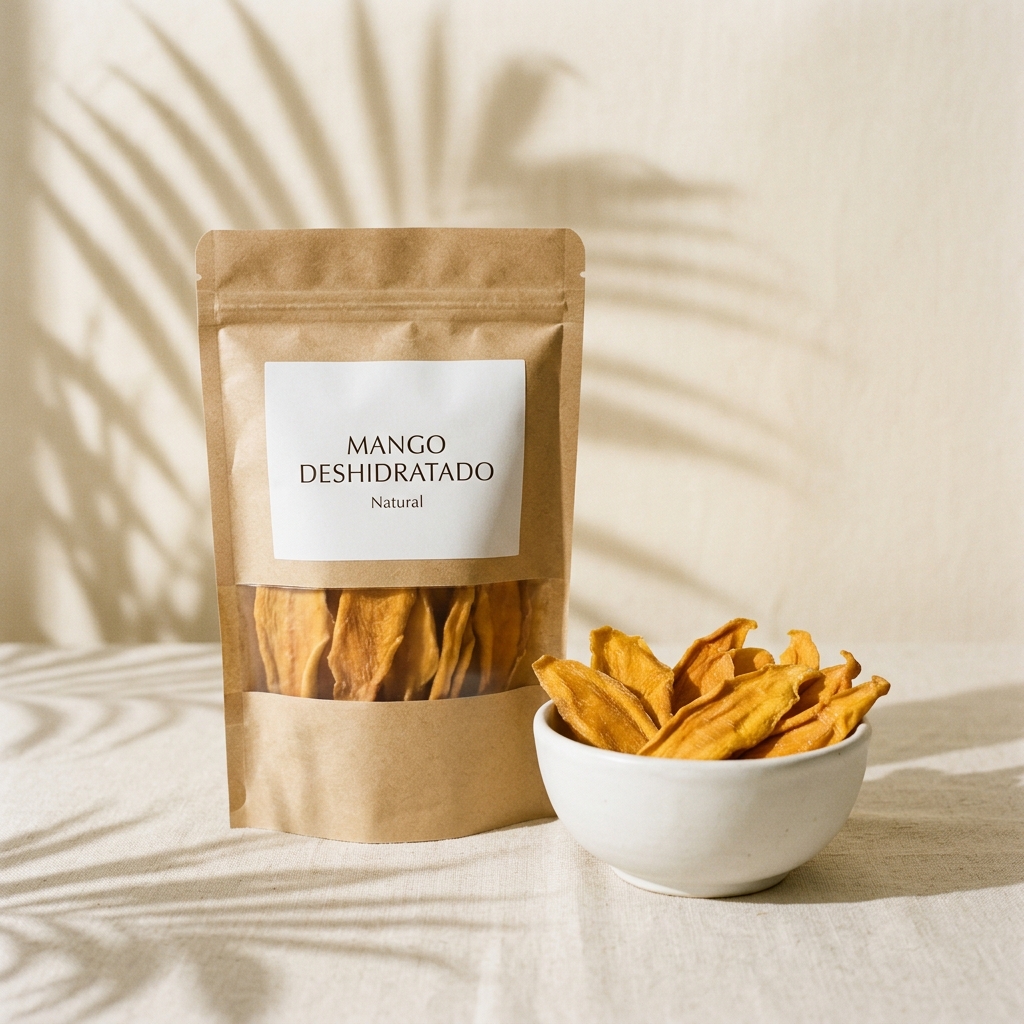 Empaque de mango deshidratado kraft al lado de un tazón de cerámica con tiras de mango