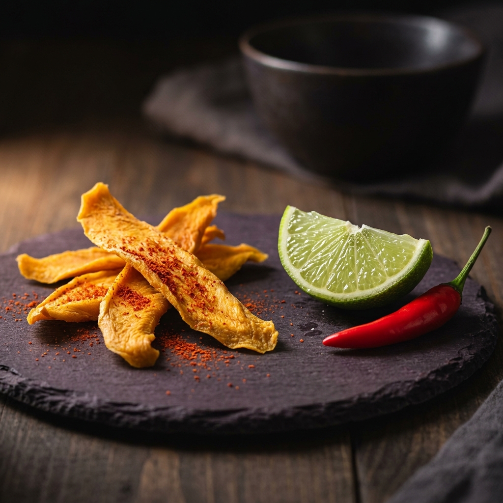 Tiras de mango deshidratado con chile en polvo al lado de una rodaja de limón y un chile rojo