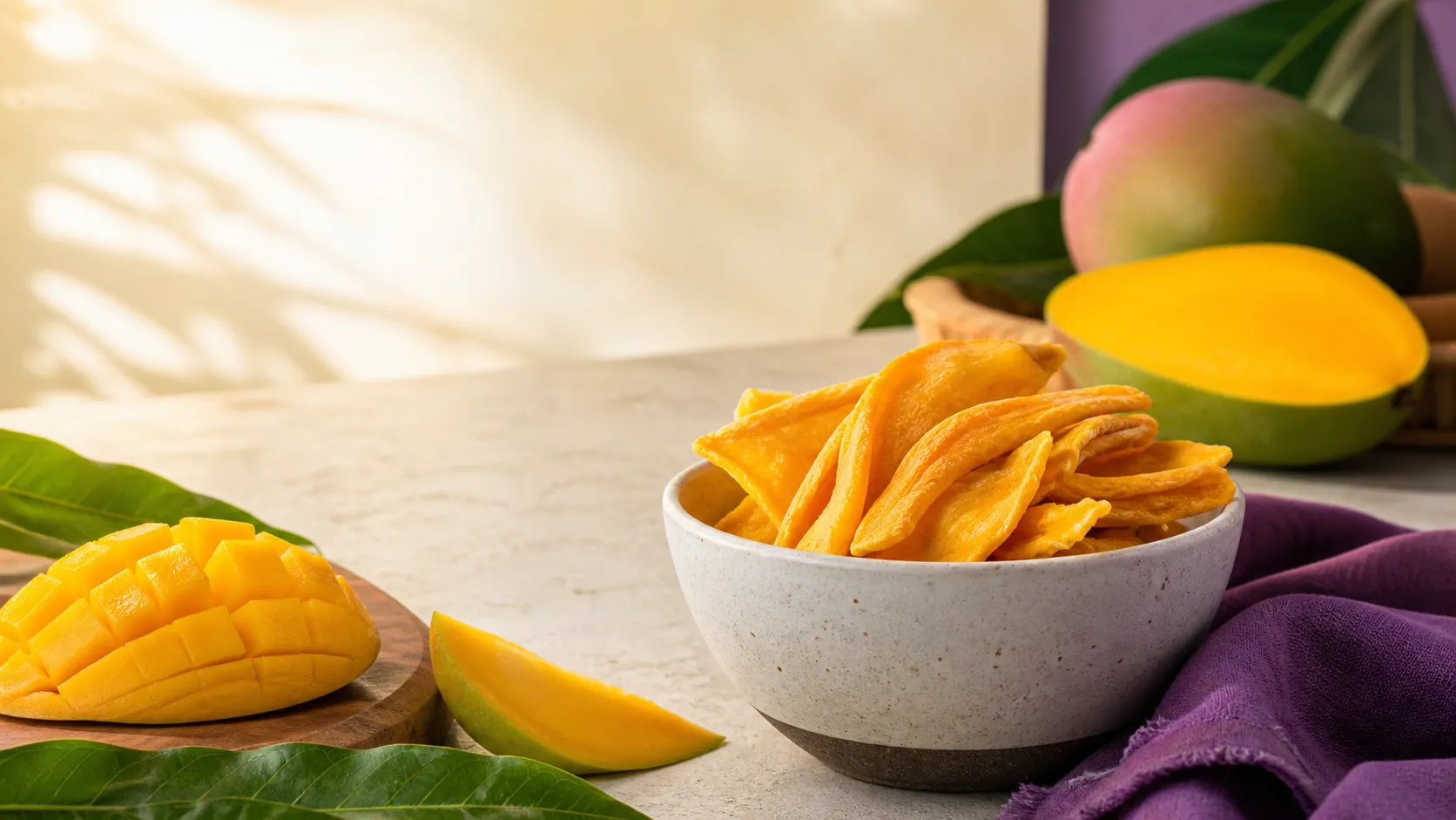 Mango deshidratado servido con mango fresco y hojas verdes
