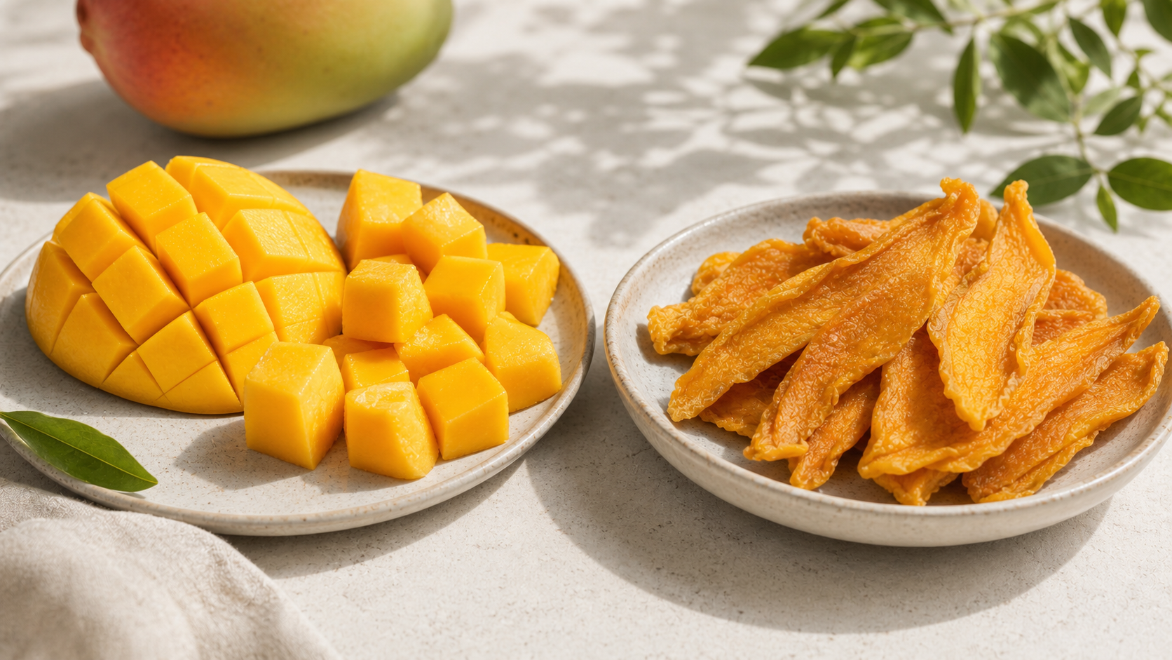 Mango fresco y mango deshidratado servidos como comparación