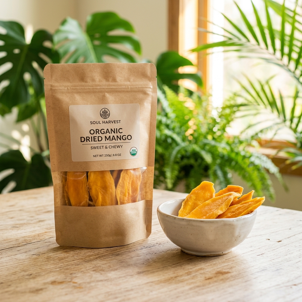 Empaque kraft de mango deshidratado natural premium con rodajas de fruta fresca
