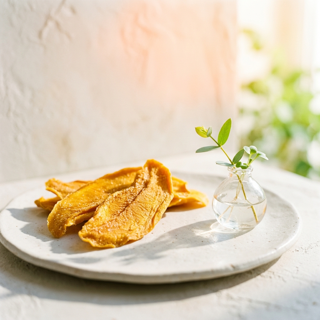 Plato con mango deshidratado al sol junto a un florero pequeño con un brote verde