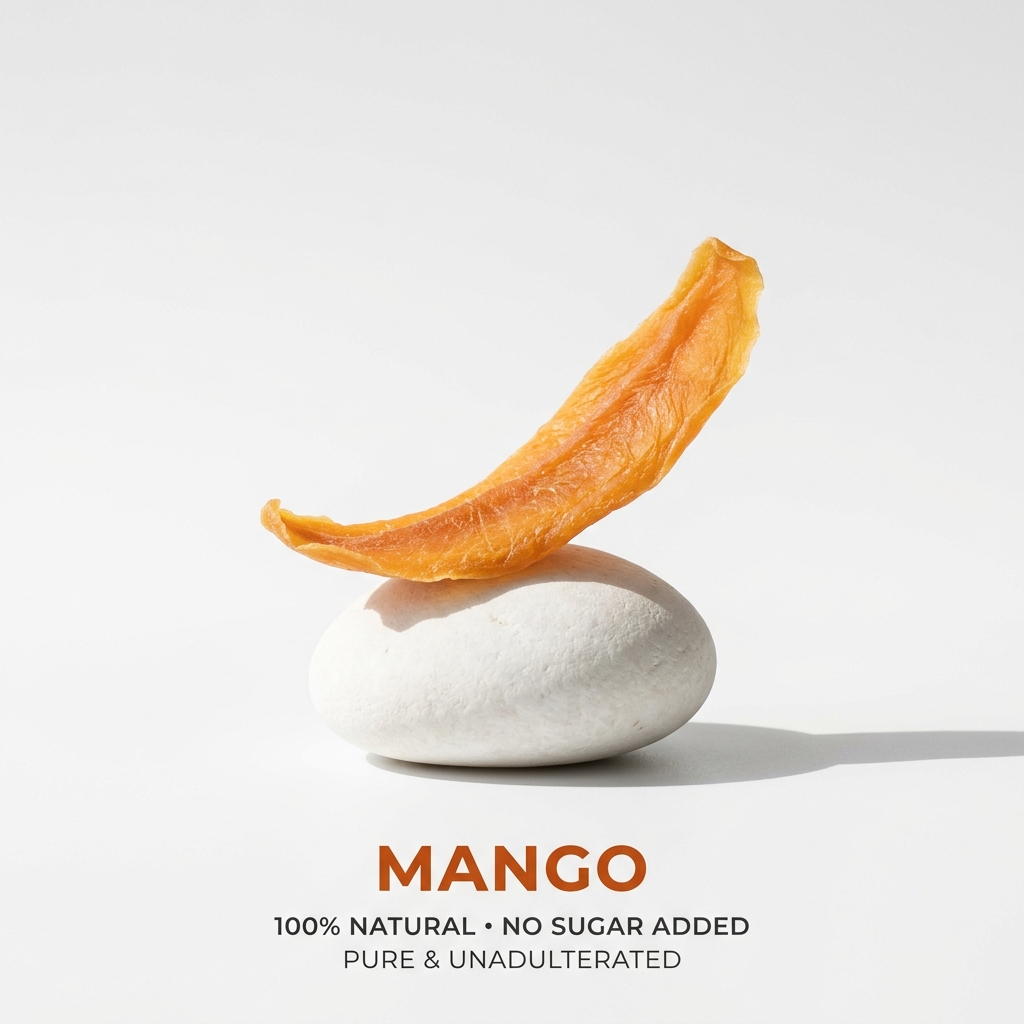 Tira de mango deshidratado natural balanceada sobre una piedra blanca en un fondo zen