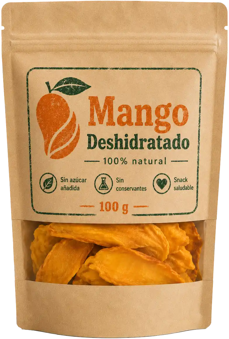 Empaque de 100 g de mango deshidratado Natural Fruit con ventana transparente