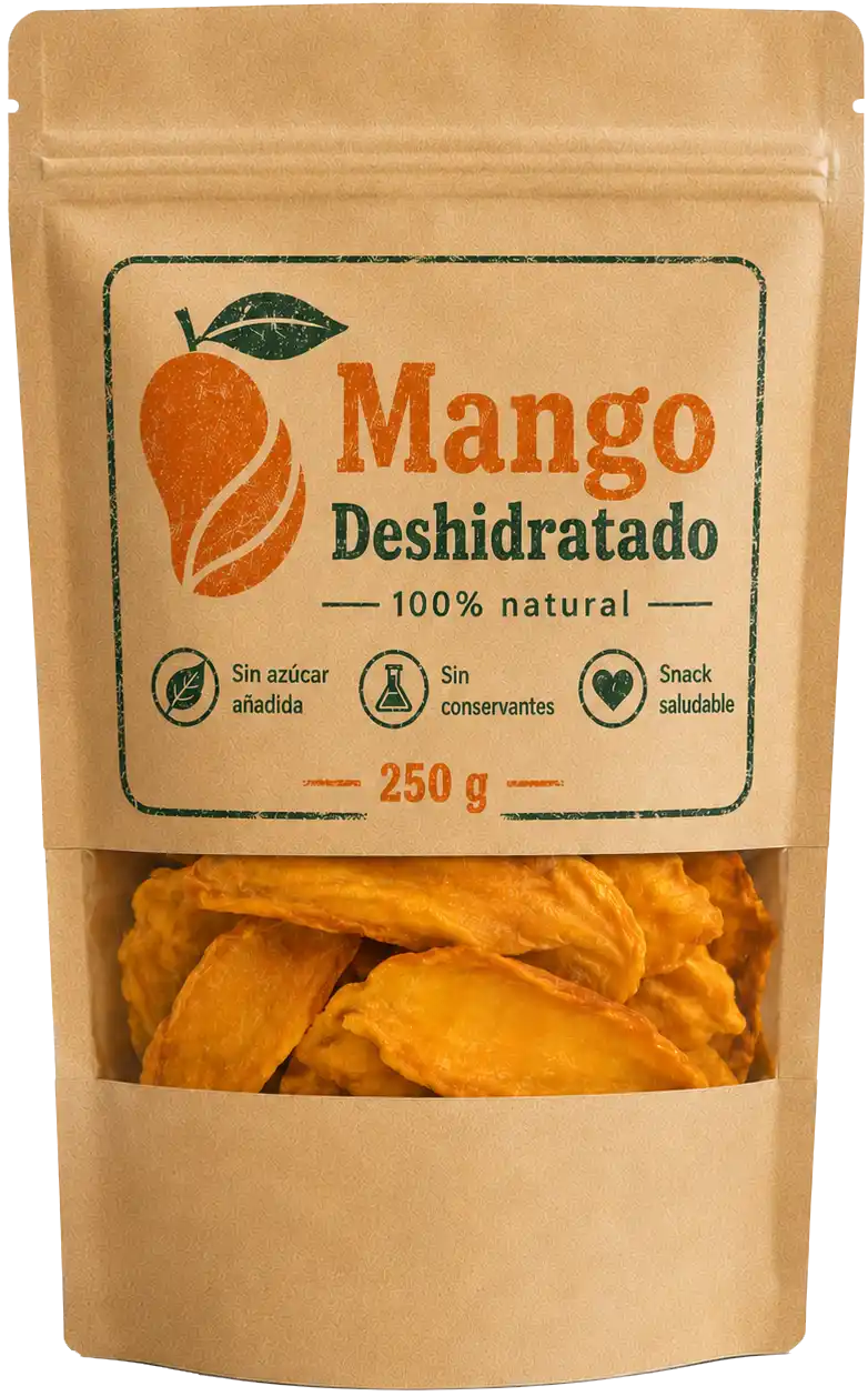 Empaque de 250 g de mango deshidratado Natural Fruit con ventana transparente