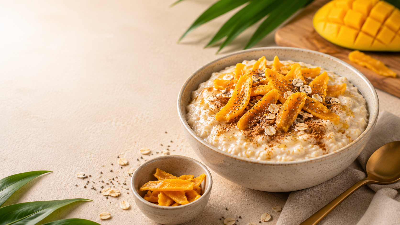 Avena preparada con mango deshidratado