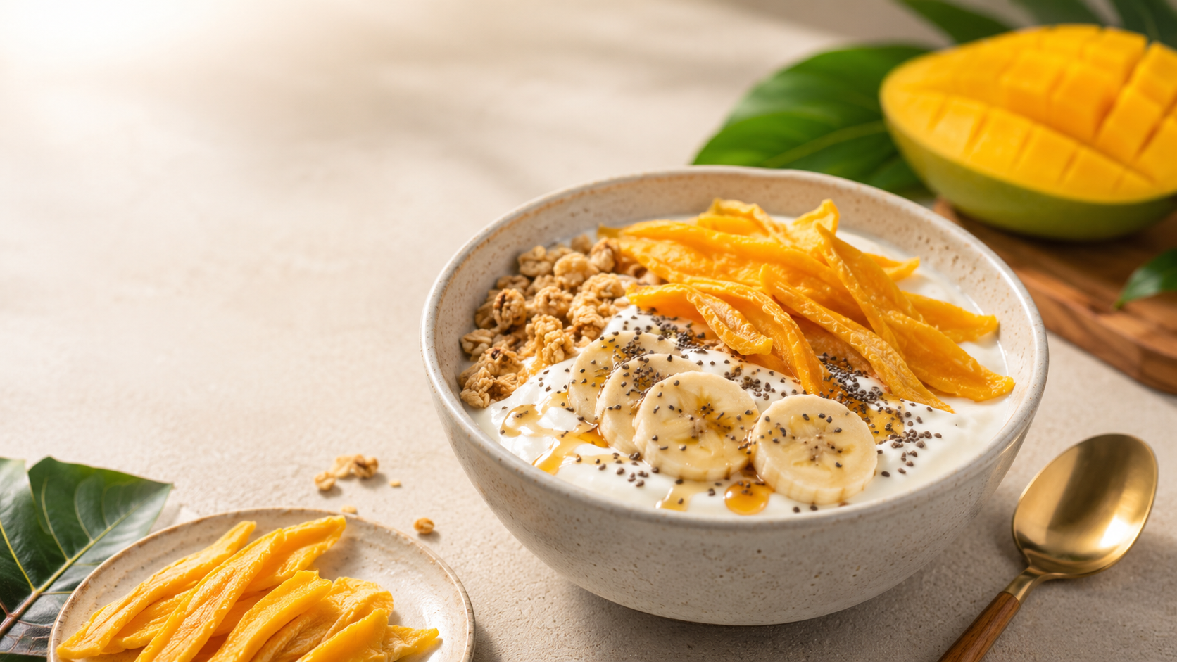 Mango deshidratado servido junto a mango fresco